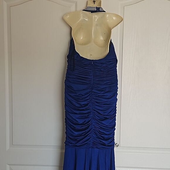 Jovani Rushed Halter Neckline With Faux Pearl Maxi Dress With Side Slit 12 Blue - Picture 5 of 16